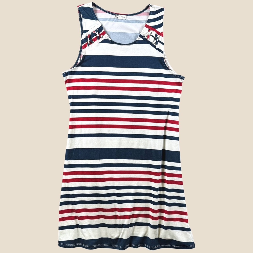 About A Girl Tank Dress Women L Multi Color Striped Lace Up Shoulder Mini Casual